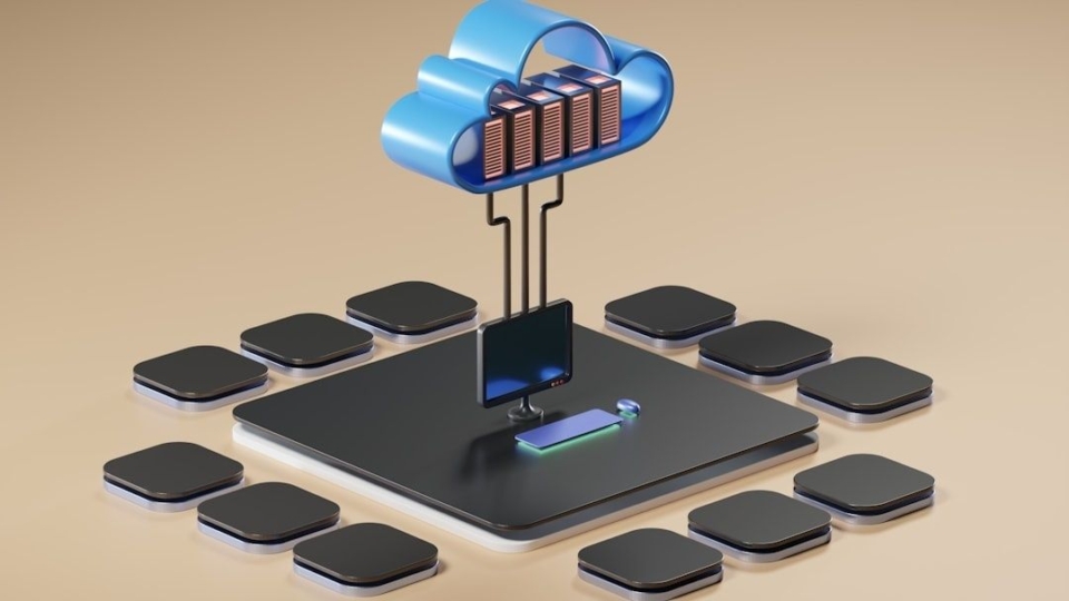 3D illustration of cloud servers connected to a central computing platform